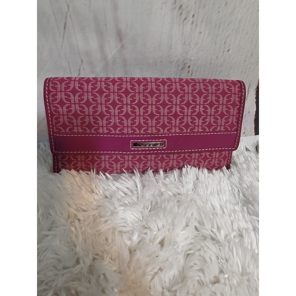 Fossil Women Pink Signature Logo Canvas Leather Trifold Wallet Snap Closure